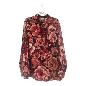 Liz Claiborne Woman 18W Longsleeve Blouse Top Burgundy Floral Button Down